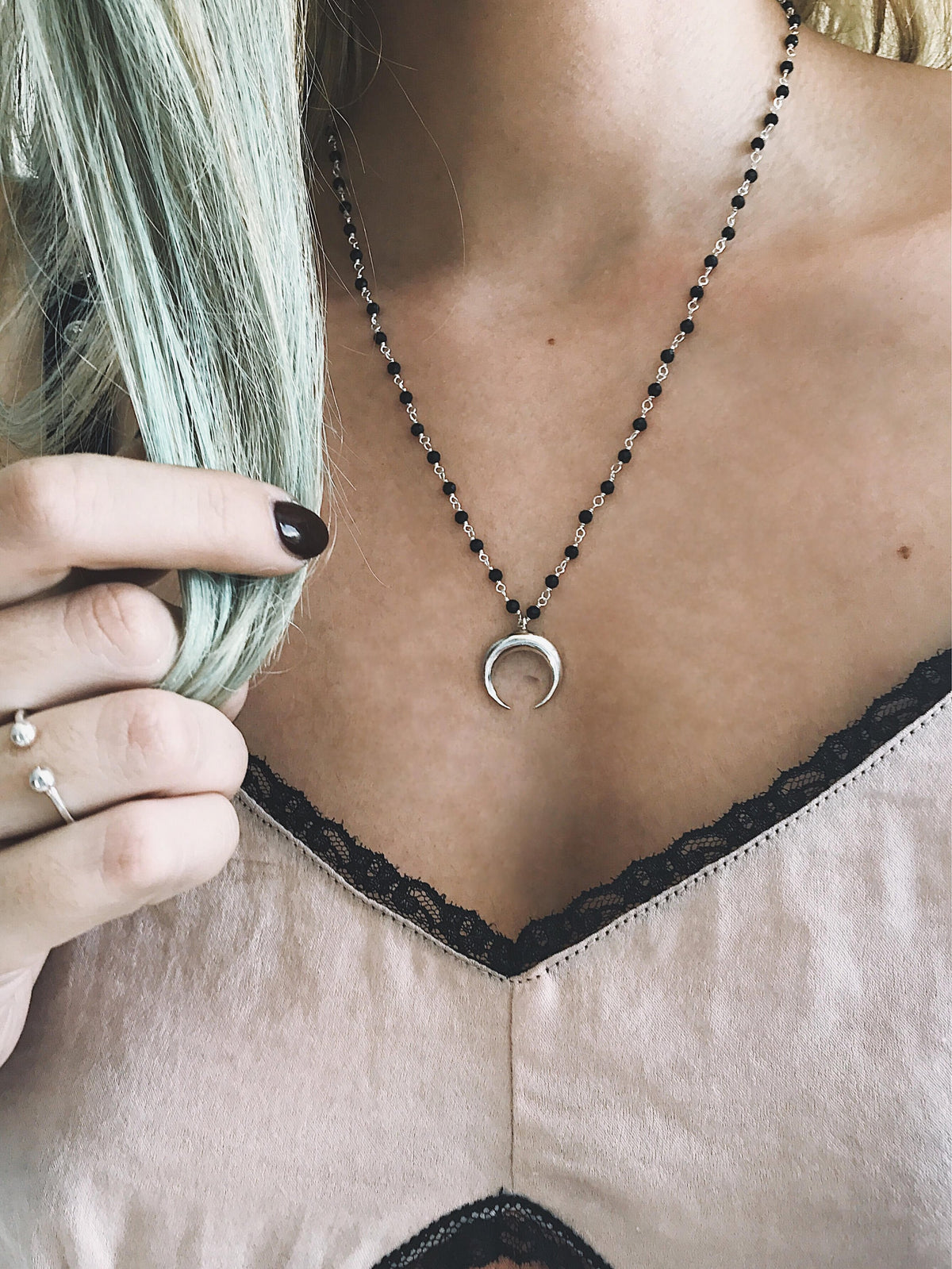 Silver Crescent Moon necklace, rosary chain moon pendant - KathyRossJewelry