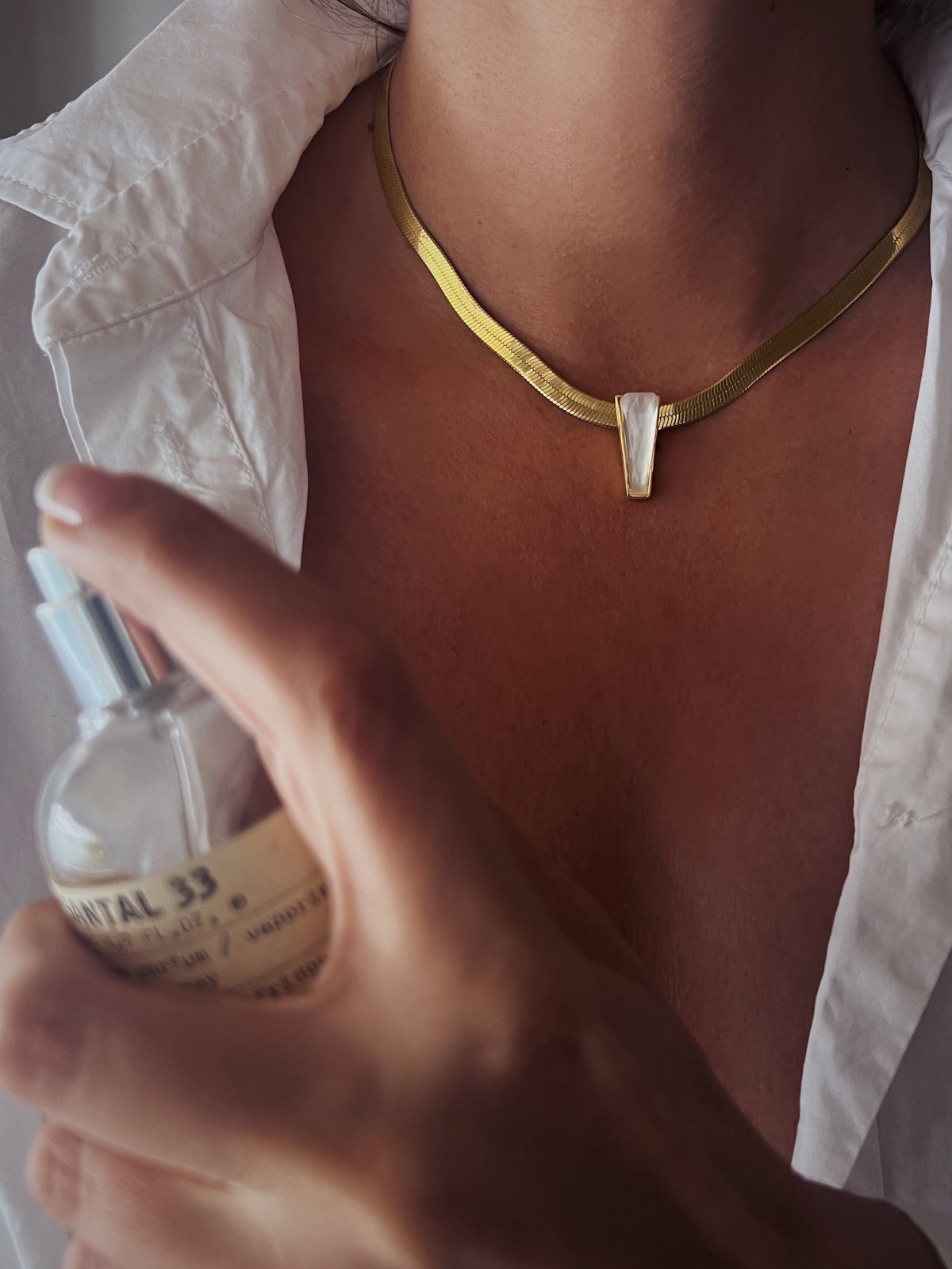 18k Gold Filled Sterling Silver Herringbone Necklace with Mother of Pearl Pendant - KathyRossJewelry