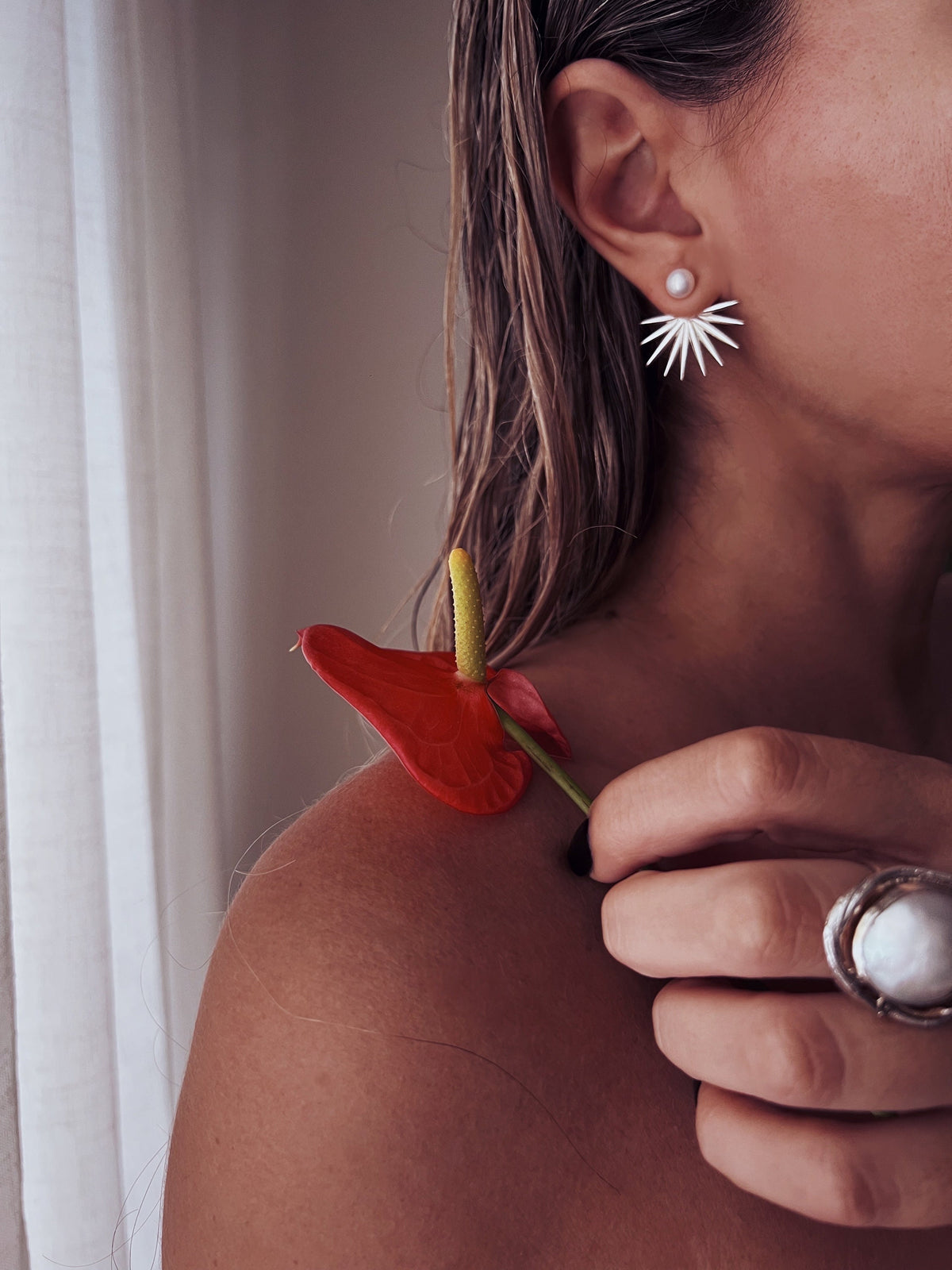 Studs pearl earrings gold filled solid silver tropical leafs ear cuffs - KathyRossJewelry