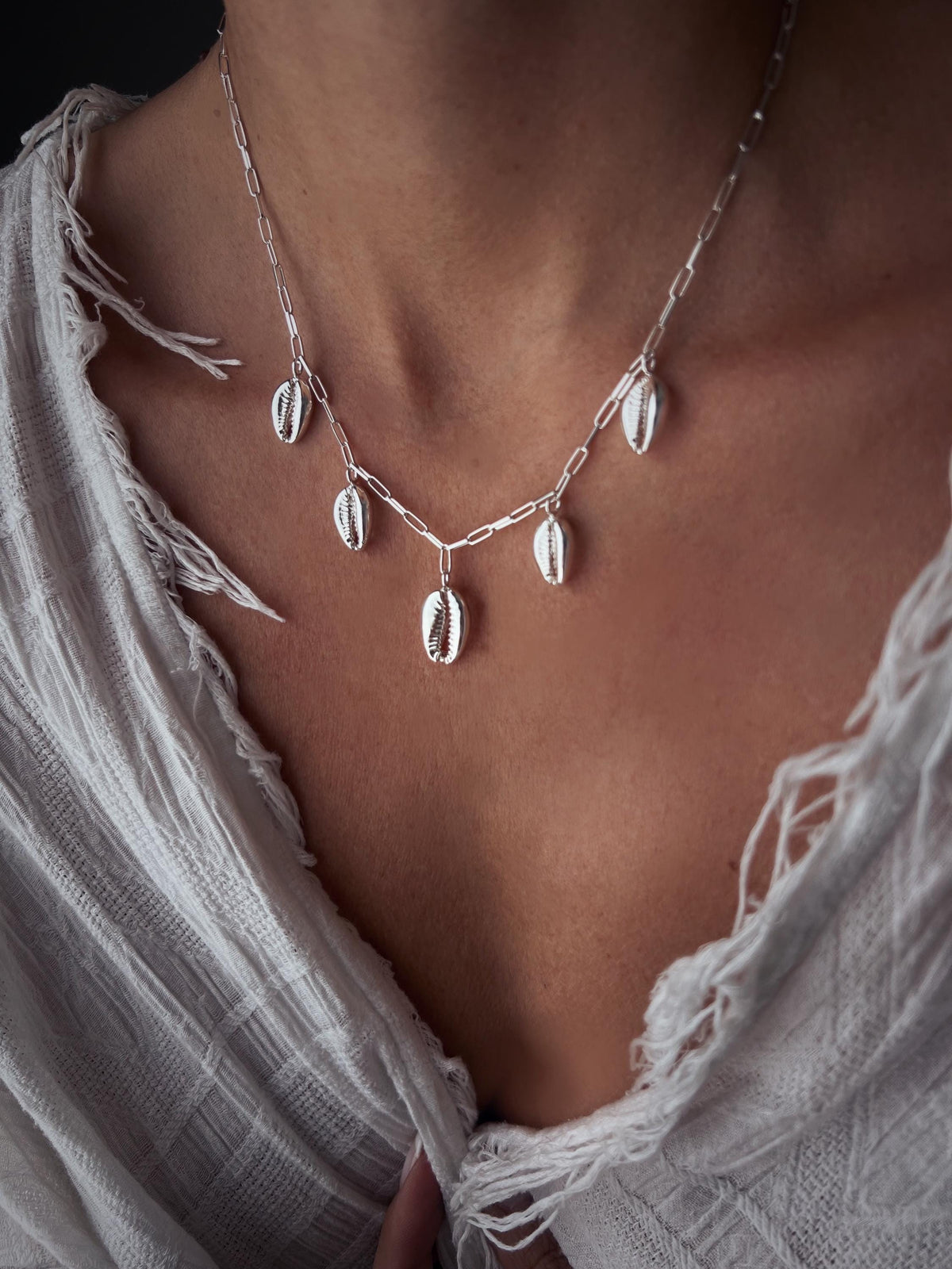 Silver 925 puka Shell Necklace: paperclip chain and multiple charms - KathyRossJewelry