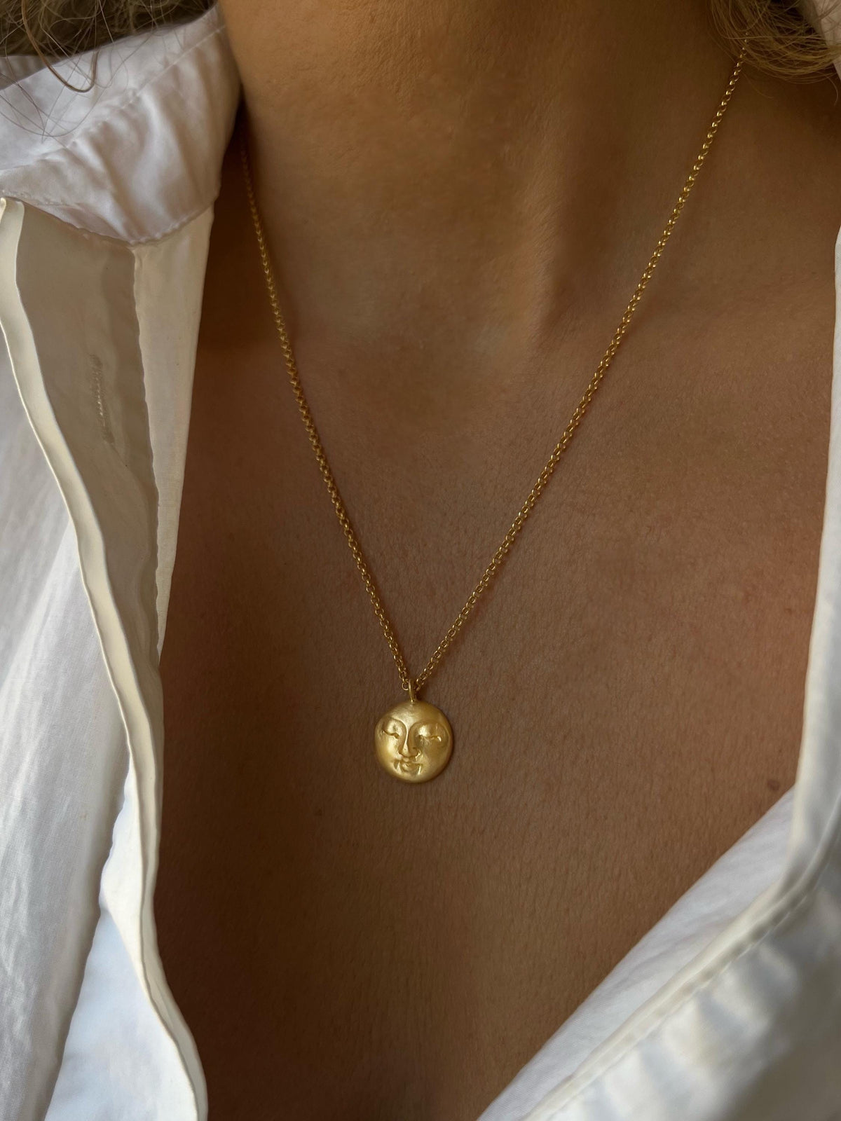 Gold Moon Face Necklace: Gold filled Sterling Silver pendant and chain - KathyRossJewelry