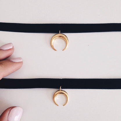 Sterling Silver Moon Choker: Black Velvet Ribbon Necklace - KathyRossJewelry