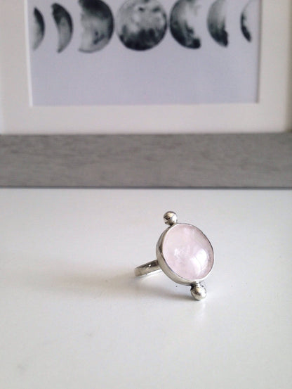 Rose Quartz sterling silver Silver Ring: Pink round crystal healing gift for her - KathyRossJewelry