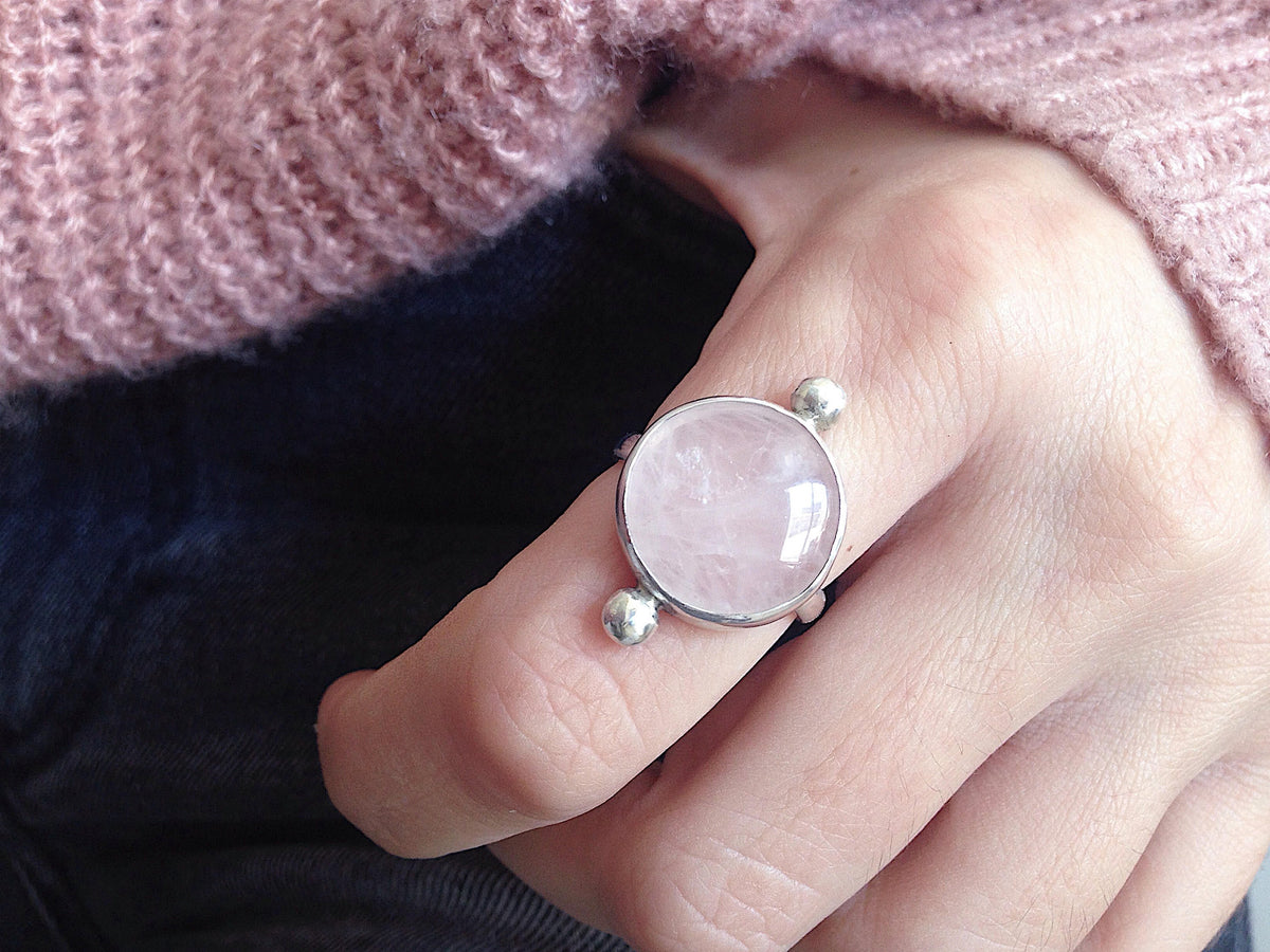 Rose Quartz sterling silver Silver Ring: Pink round crystal healing gift for her - KathyRossJewelry