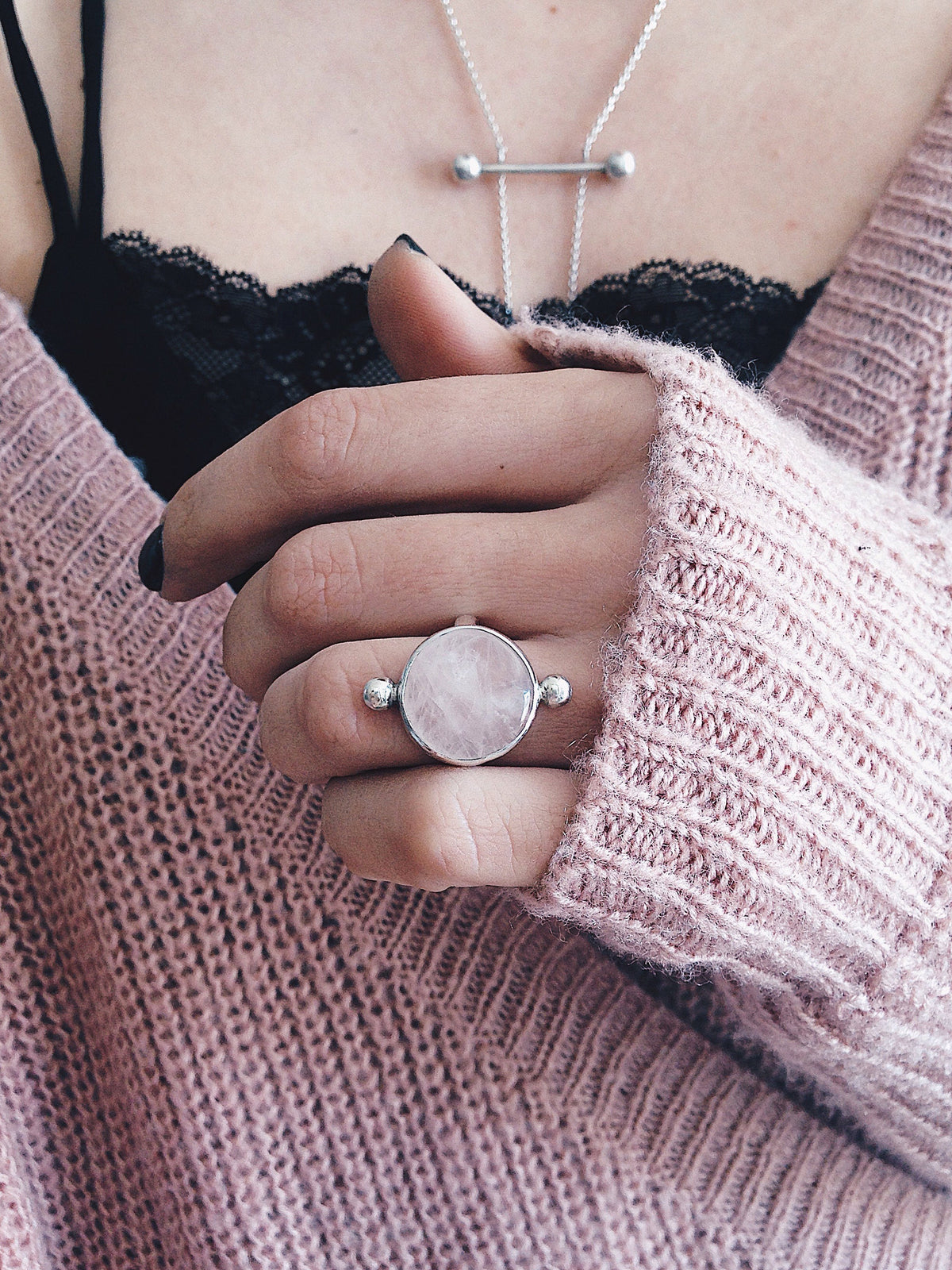 Rose Quartz sterling silver Silver Ring: Pink round crystal healing gift for her - KathyRossJewelry