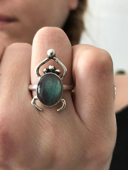 Labradorite Spectrolite scarab ring on sterling silver 925 - KathyRossJewelry