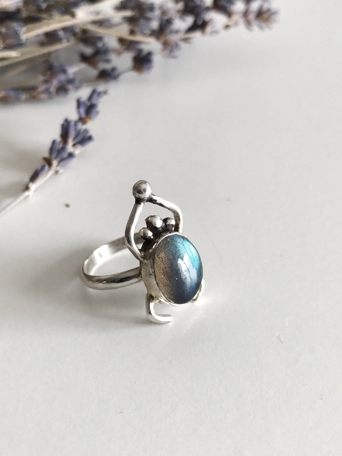 Labradorite Spectrolite scarab ring on sterling silver 925 - KathyRossJewelry