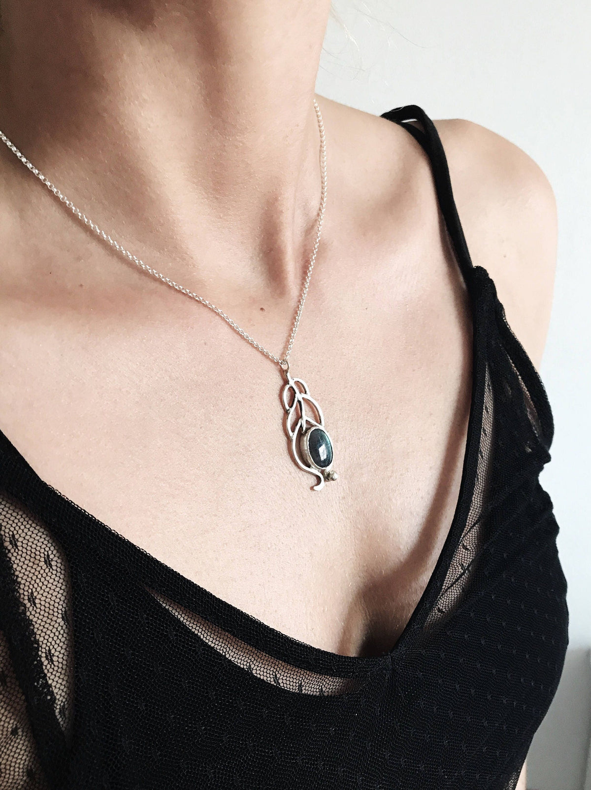Silver Labradorite Pendant: Handmade Peacock Feather Necklace - KathyRossJewelry