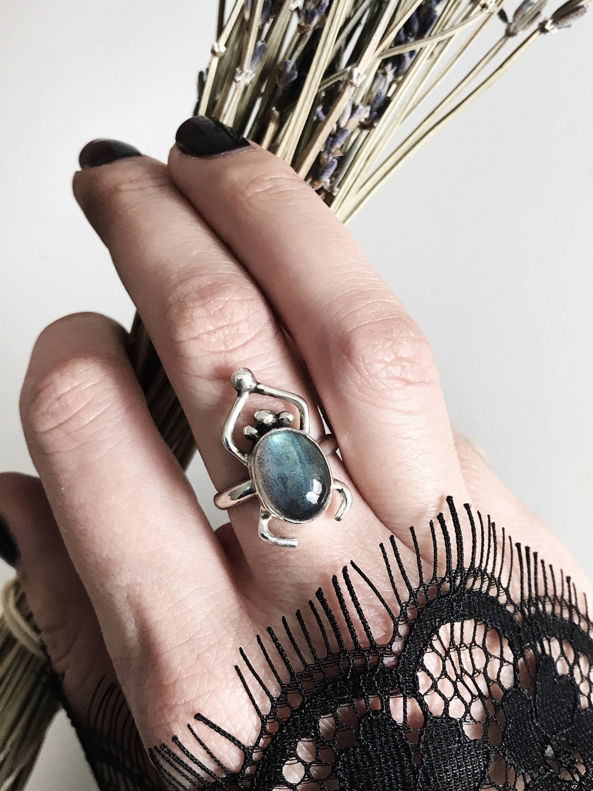 Labradorite Spectrolite scarab ring on sterling silver 925 - KathyRossJewelry