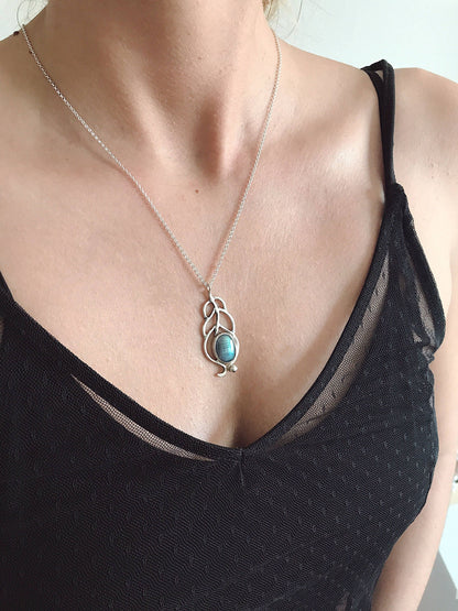 Silver Labradorite Pendant: Handmade Peacock Feather Necklace - KathyRossJewelry