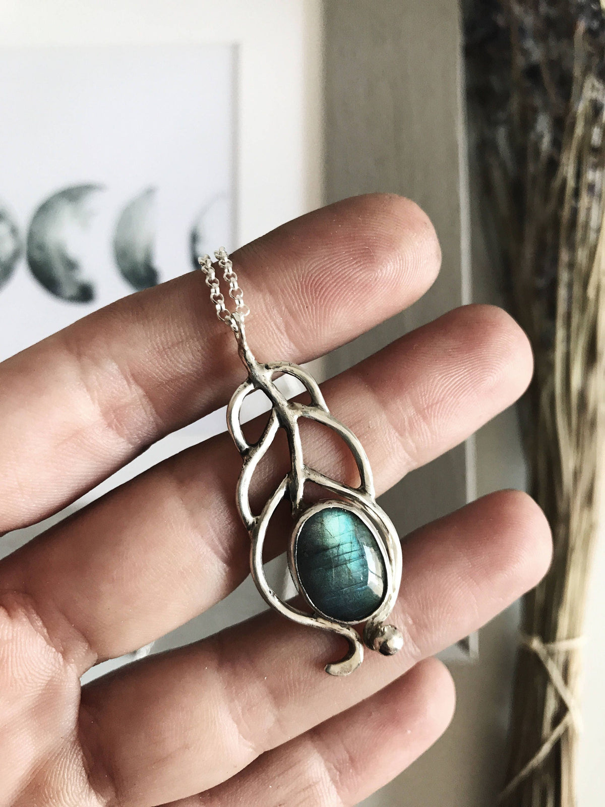 Silver Labradorite Pendant: Handmade Peacock Feather Necklace - KathyRossJewelry