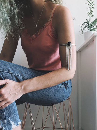 Upper Arm Cuff silver : Fringe Chain Bracelet with Carnelian/Onyx - KathyRossJewelry