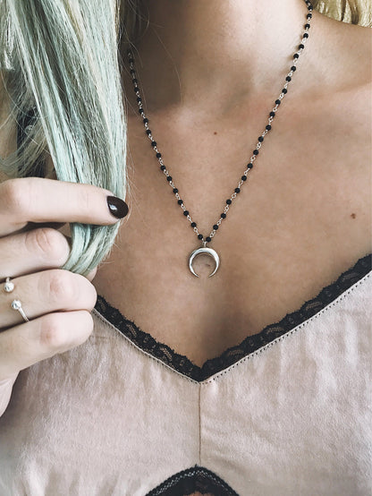 Silver Crescent Moon necklace, rosary chain moon pendant - KathyRossJewelry