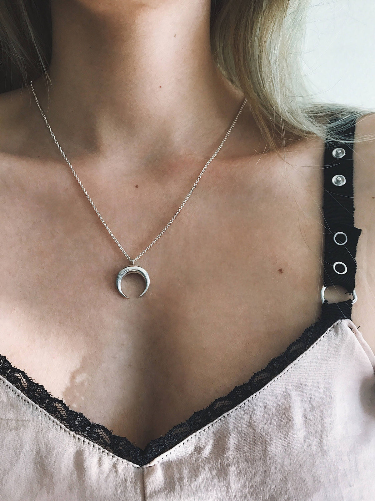 Silver Crescent Moon necklace, rosary chain moon pendant - KathyRossJewelry