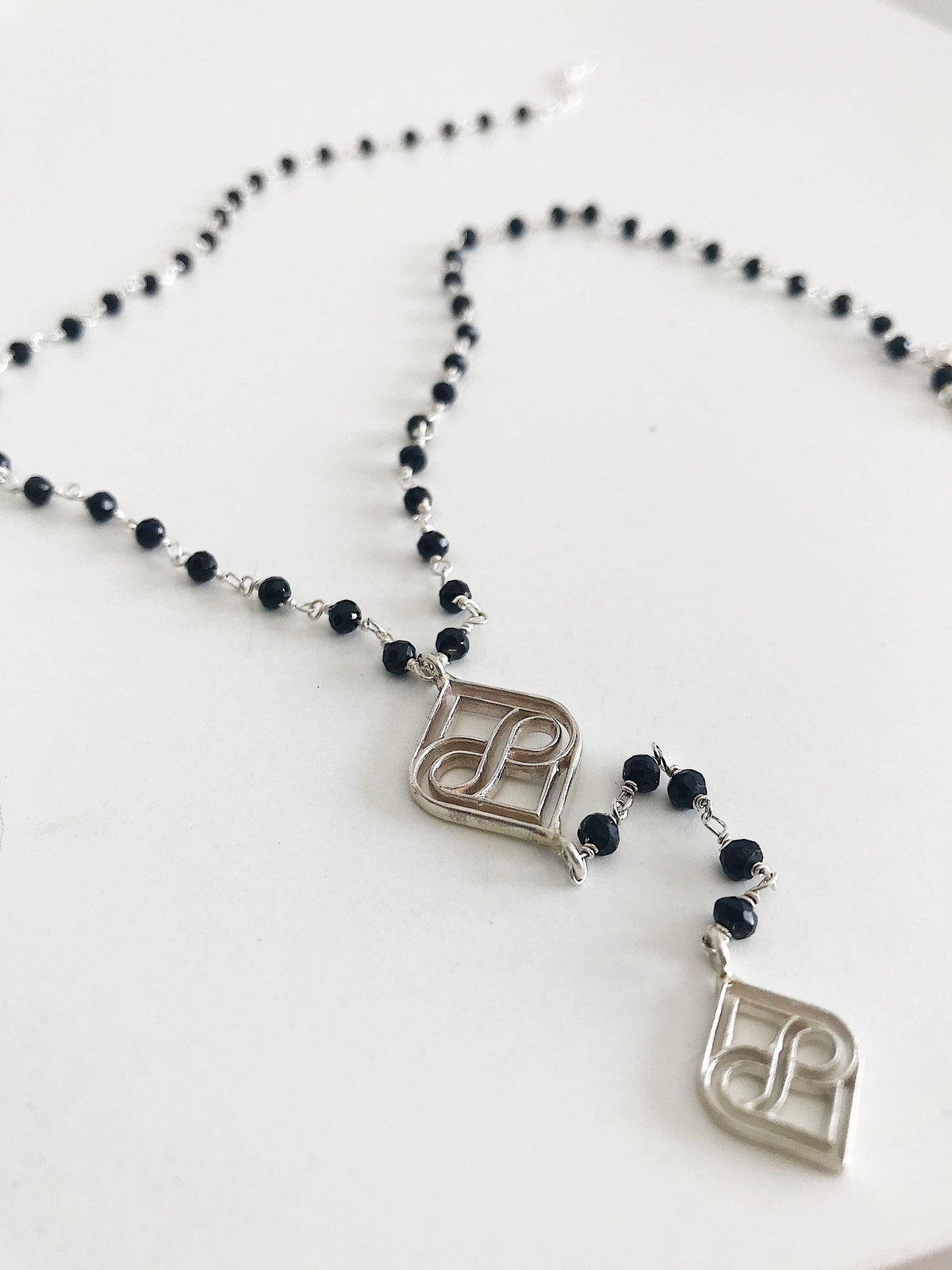 Silver Lariat Necklace: Black Rosary Boho long Necklace - KathyRossJewelry