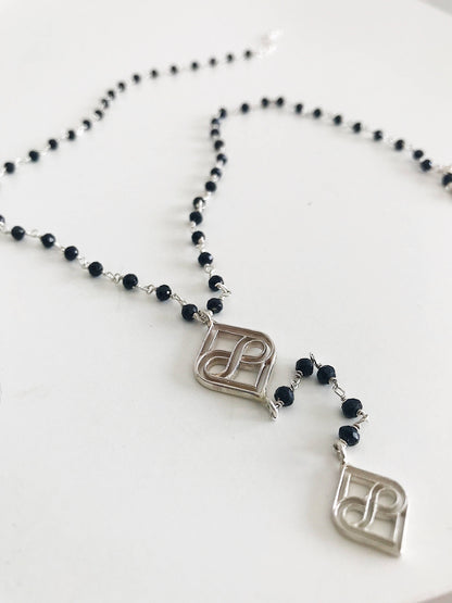Silver Lariat Necklace: Black Rosary Boho long Necklace - KathyRossJewelry