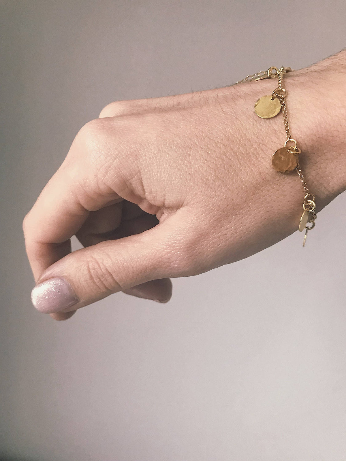 Gold filled Silver 925 chain Bracelet: Hammered Disc Charms - KathyRossJewelry