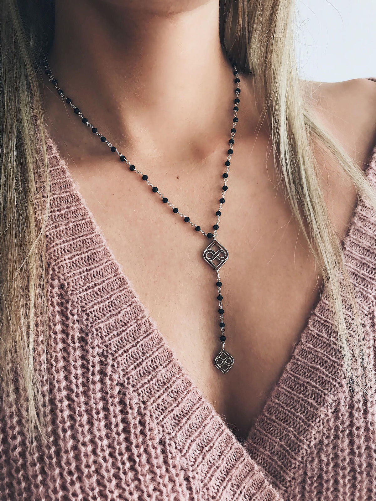 Silver Lariat Necklace: Black Rosary Boho long Necklace - KathyRossJewelry