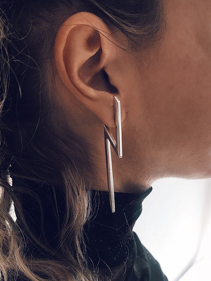 Sterling Silver Lightning Bolt Earrings, Geometric Bar Earrings - KathyRossJewelry