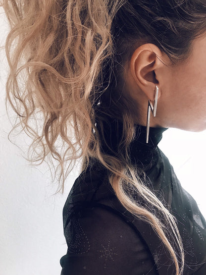 Sterling Silver Lightning Bolt Earrings, Geometric Bar Earrings - KathyRossJewelry