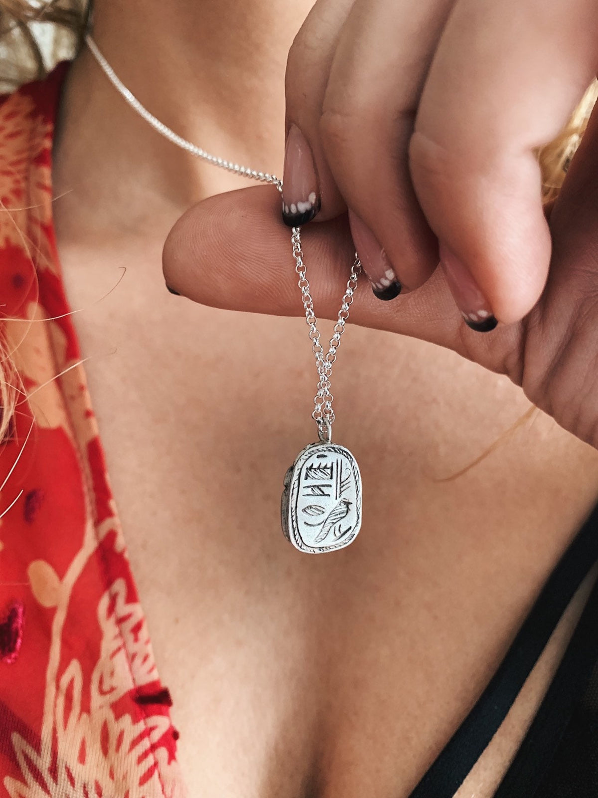 Solid sterling Silver Egyptian Scarab charm Necklace , Protection Amulet Gift - KathyRossJewelry