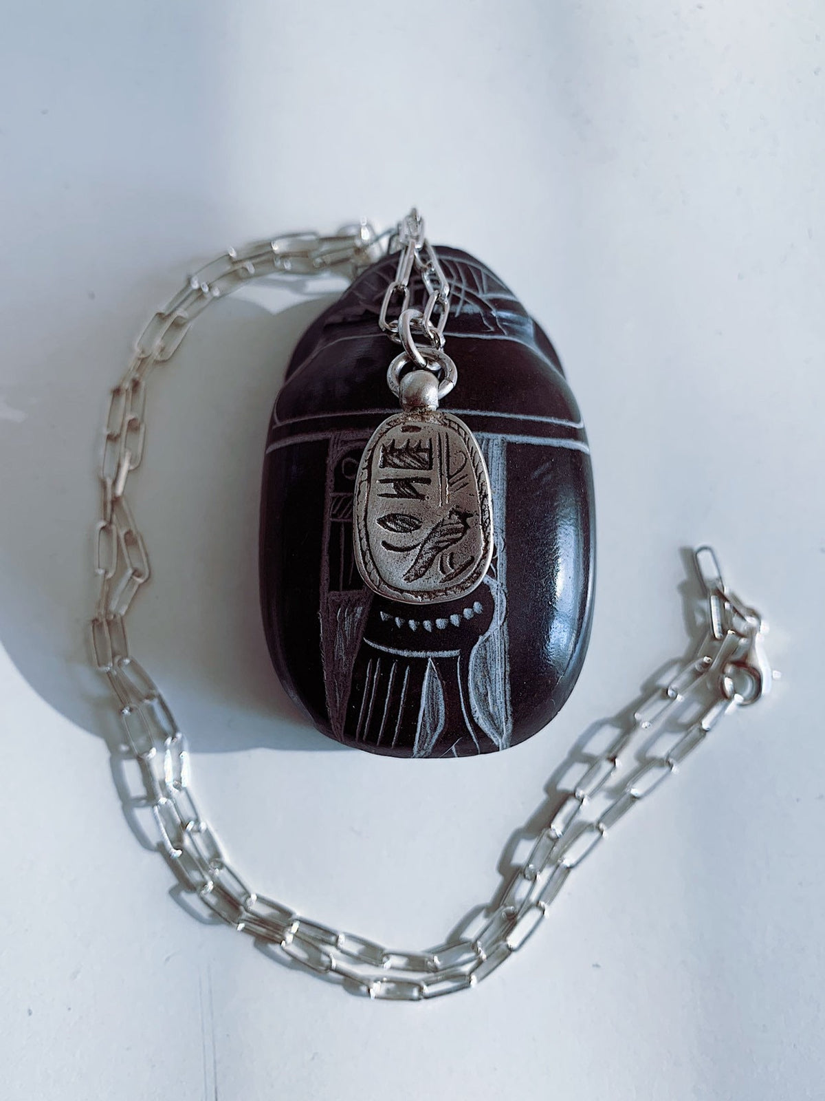 Solid sterling Silver Egyptian Scarab charm Necklace , Protection Amulet Gift - KathyRossJewelry