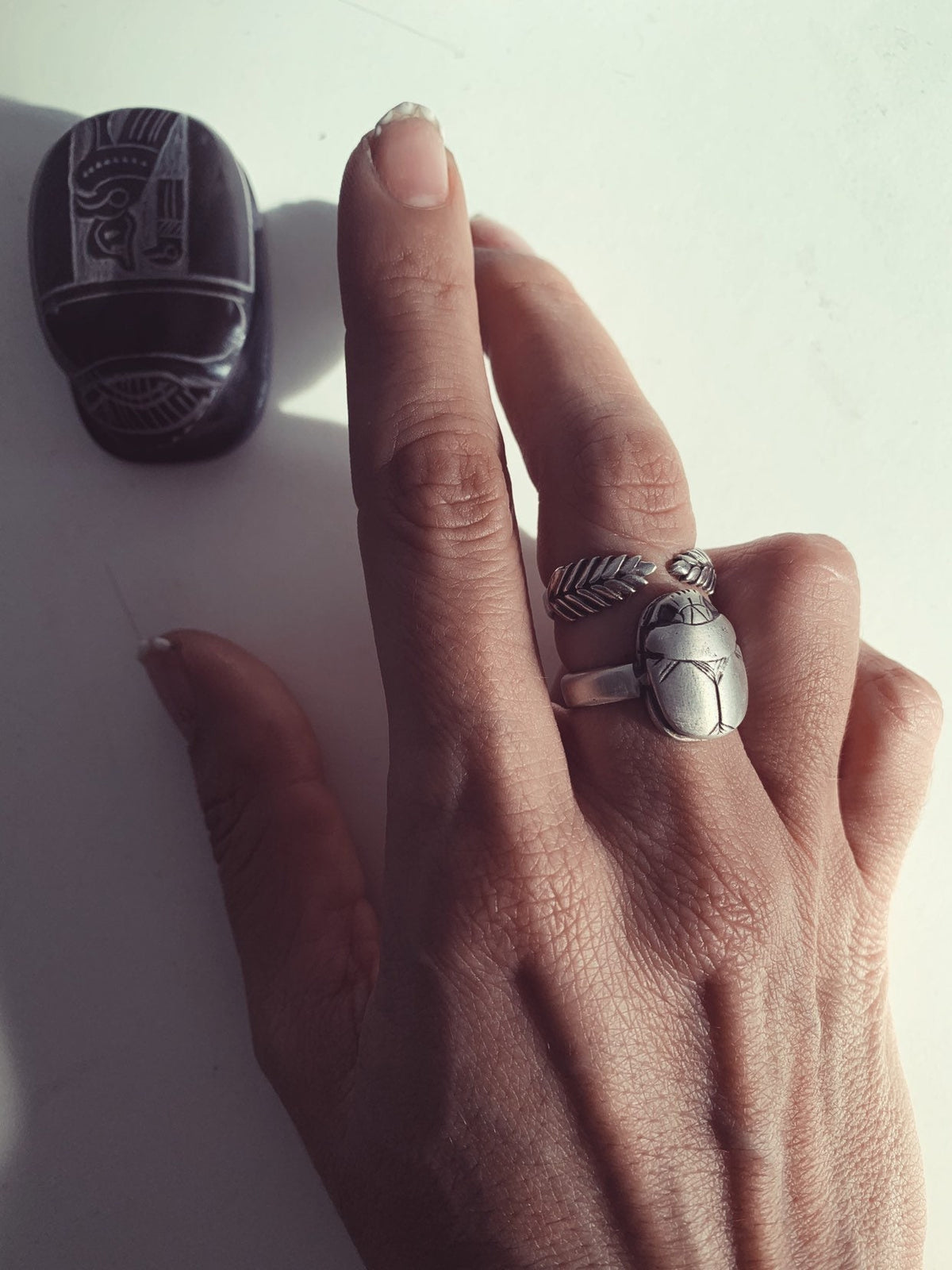 Sterling Silver Scarab with Egyptian Hieroglyphics ring Protection Amulet Gift - KathyRossJewelry