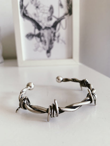 Oxidized Sterling Silver Barbed Wire cuff Bracelet - KathyRossJewelry