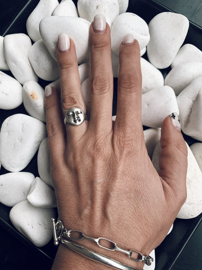 Full moon face round signet chevalier sterling solid silver 925 ring - KathyRossJewelry