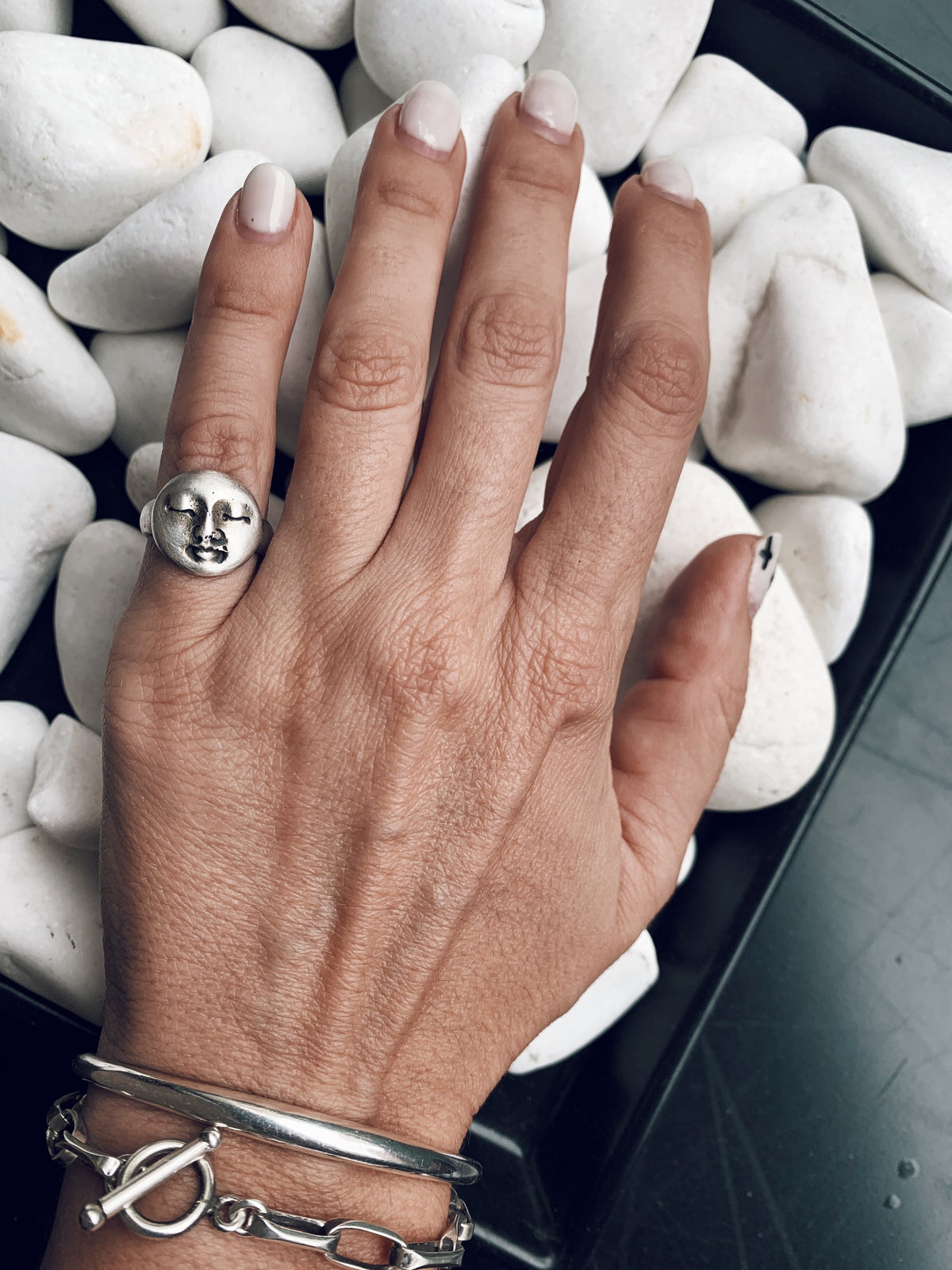 Full moon face round signet chevalier sterling solid silver 925 ring - KathyRossJewelry