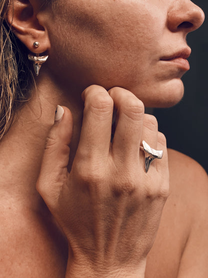 Sterling Silver Shark Tooth Ear Jacket Stud Earrings - KathyRossJewelry