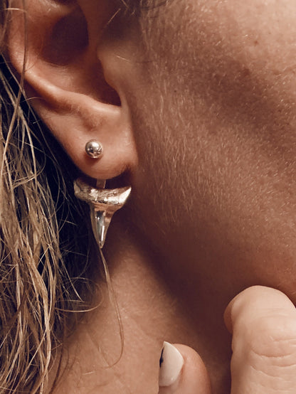 Sterling Silver Shark Tooth Ear Jacket Stud Earrings - KathyRossJewelry