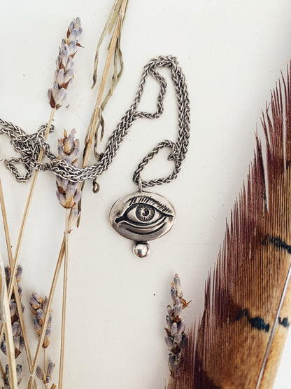 Silver anatomical Eye Pendant with rope chain Necklace - KathyRossJewelry