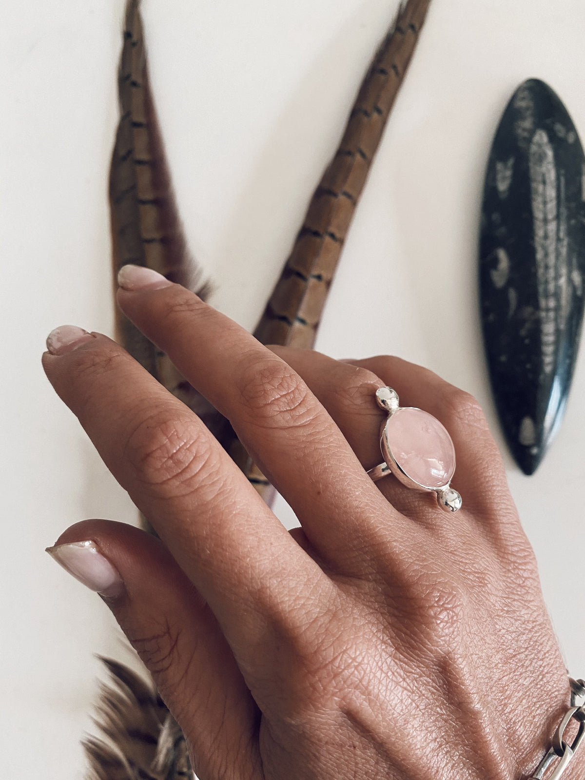 Rose Quartz sterling silver Silver Ring: Pink round crystal healing gift for her - KathyRossJewelry