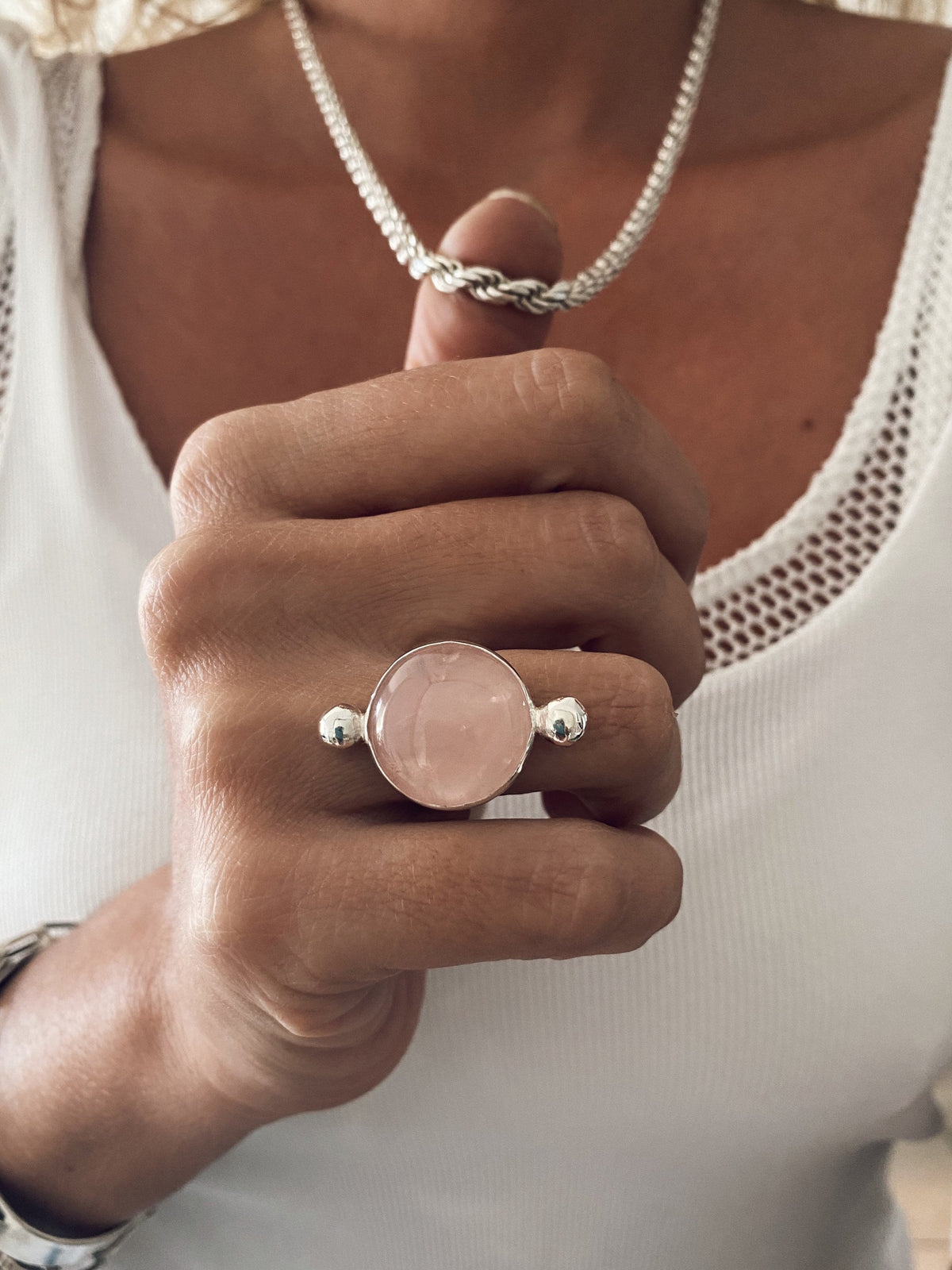 Rose Quartz sterling silver Silver Ring: Pink round crystal healing gift for her - KathyRossJewelry