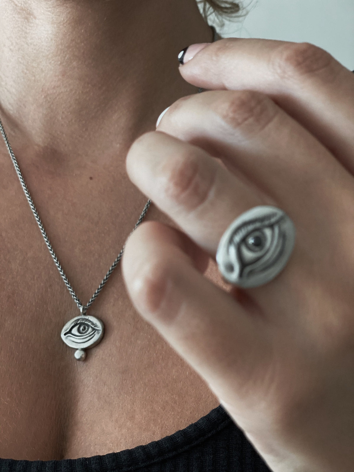Silver anatomical Eye Pendant with rope chain Necklace - KathyRossJewelry