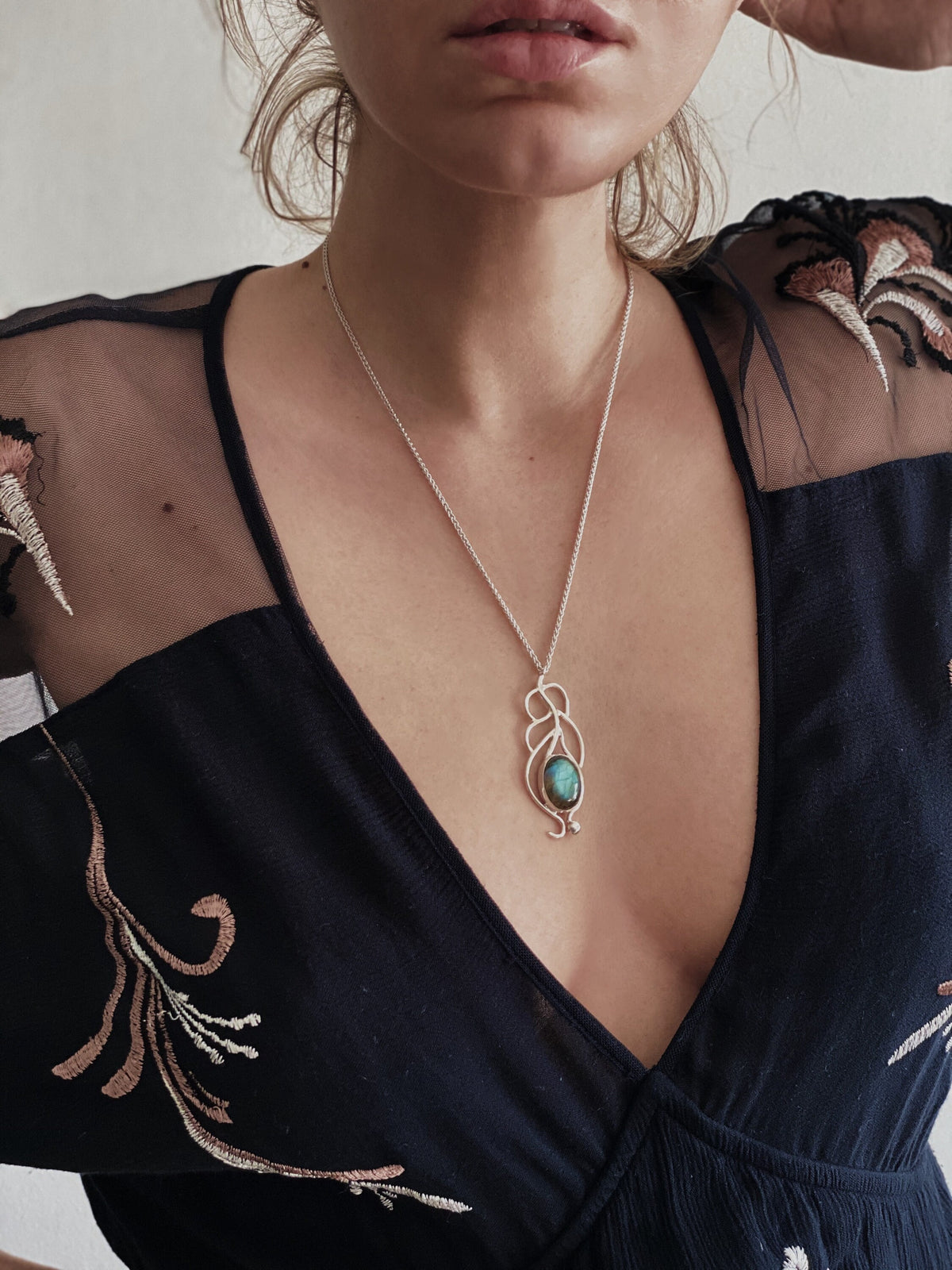 Silver Labradorite Pendant: Handmade Peacock Feather Necklace - KathyRossJewelry