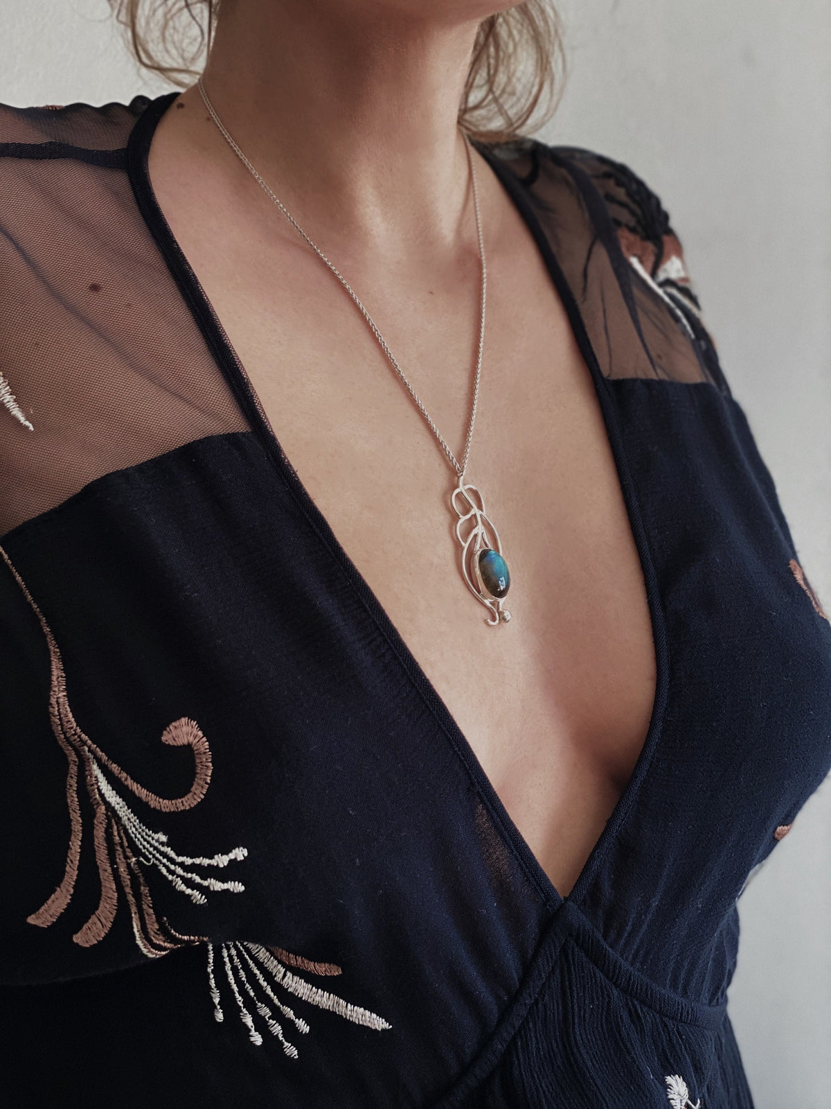 Silver Labradorite Pendant: Handmade Peacock Feather Necklace - KathyRossJewelry