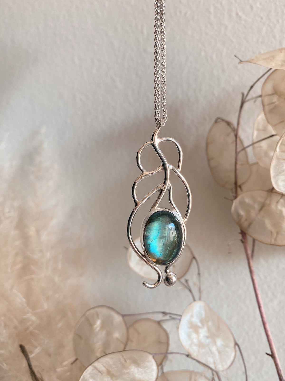 Silver Labradorite Pendant: Handmade Peacock Feather Necklace - KathyRossJewelry