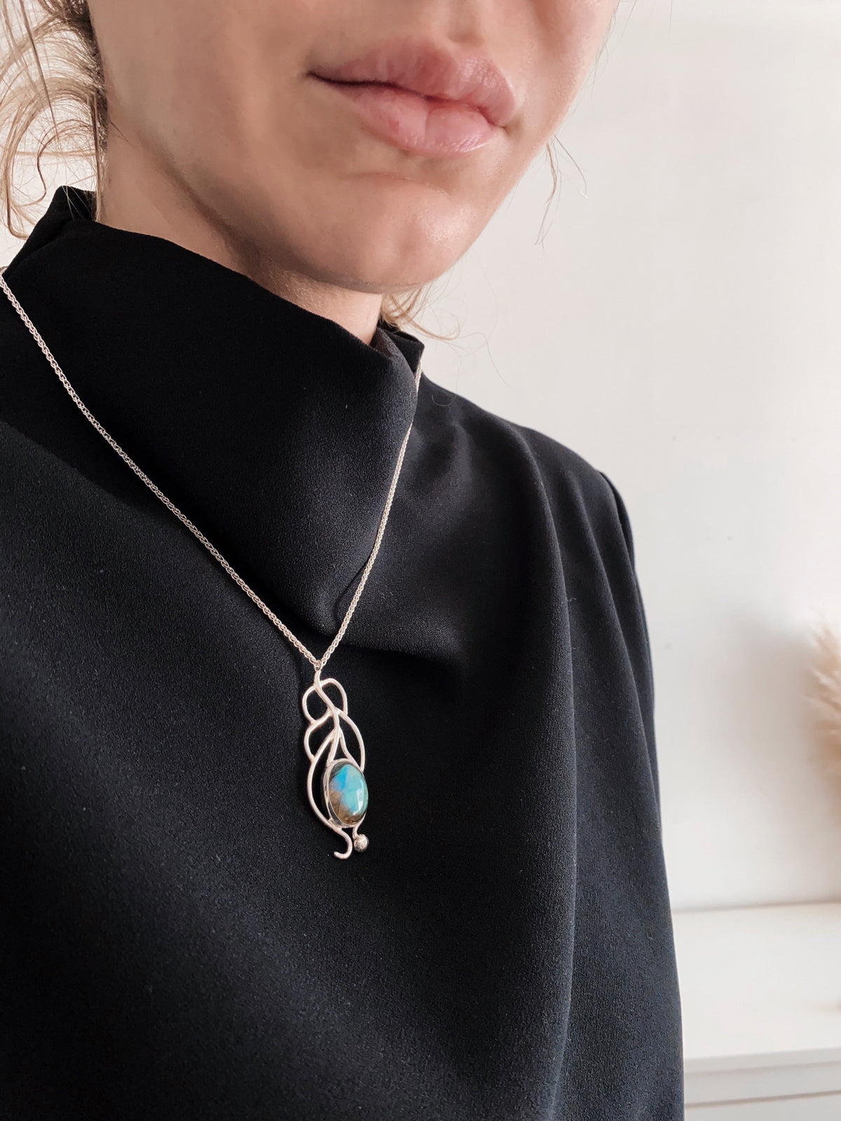 Silver Labradorite Pendant: Handmade Peacock Feather Necklace - KathyRossJewelry