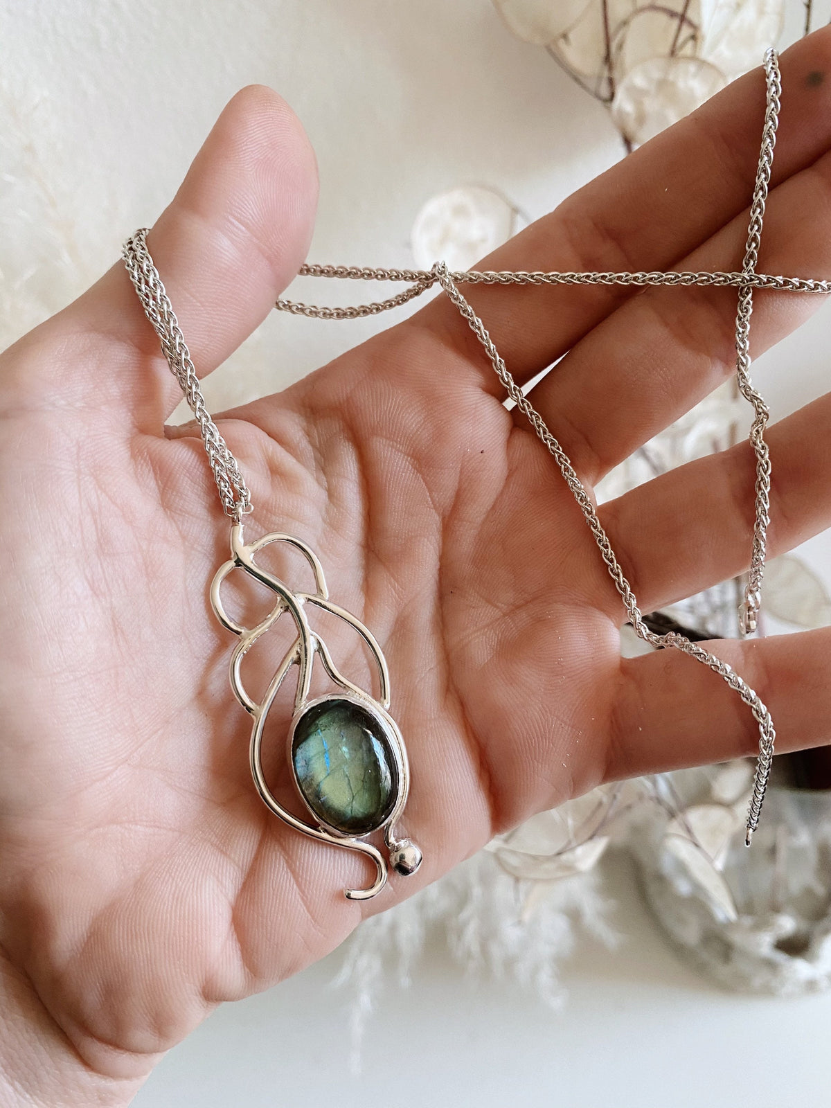 Silver Labradorite Pendant: Handmade Peacock Feather Necklace - KathyRossJewelry