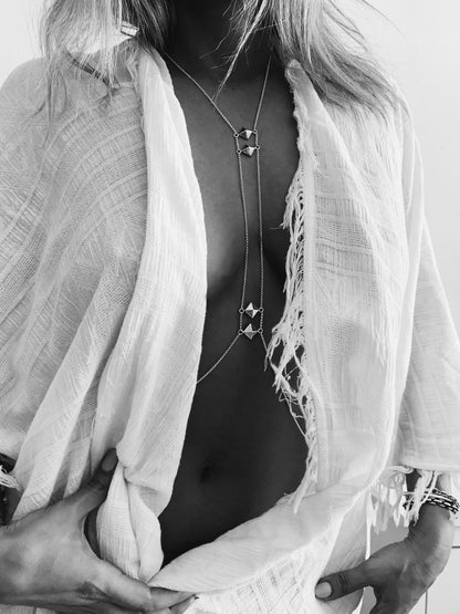 Sterling silver adjustable body chain with geometric charms - KathyRossJewelry