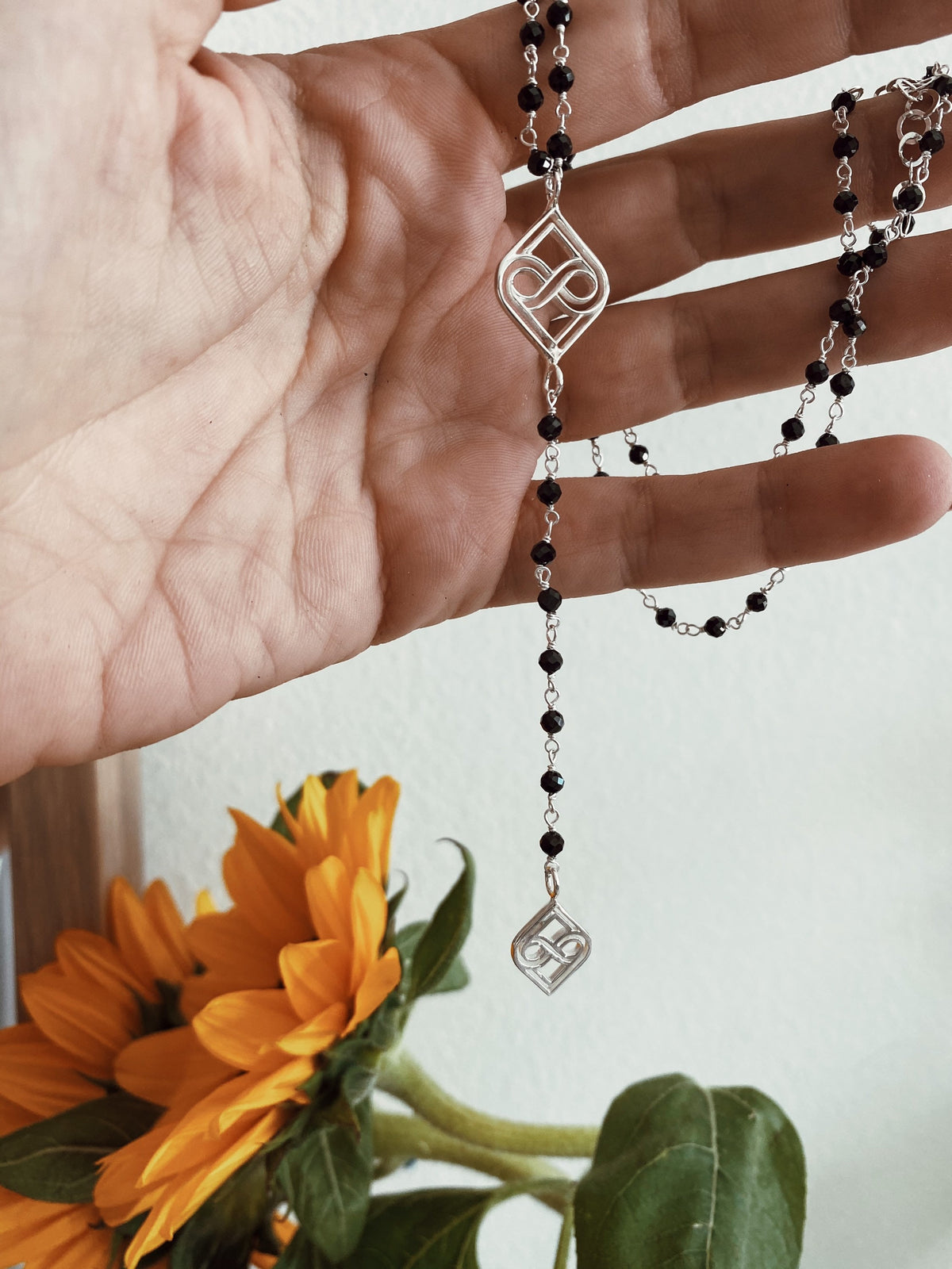 Silver Lariat Necklace: Black Rosary Boho long Necklace - KathyRossJewelry