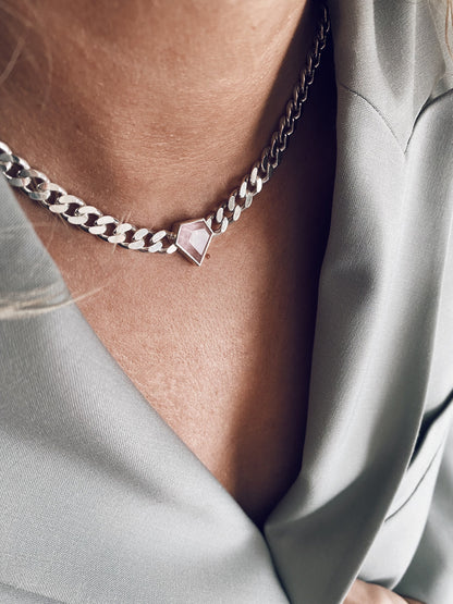 Solid silver Chain necklace diamond shape stone :aquamarine and morganite - KathyRossJewelry