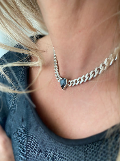 Solid silver Chain necklace diamond shape stone :aquamarine and morganite - KathyRossJewelry