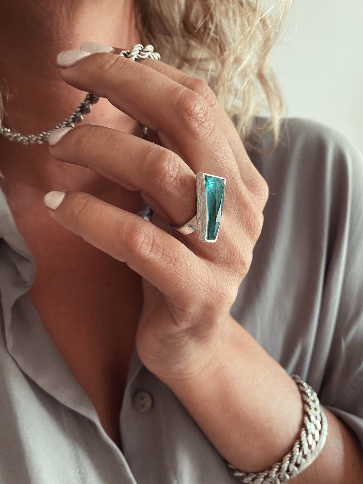 Triangle Green gemstone sterling silver 925 ring : aventurine - KathyRossJewelry