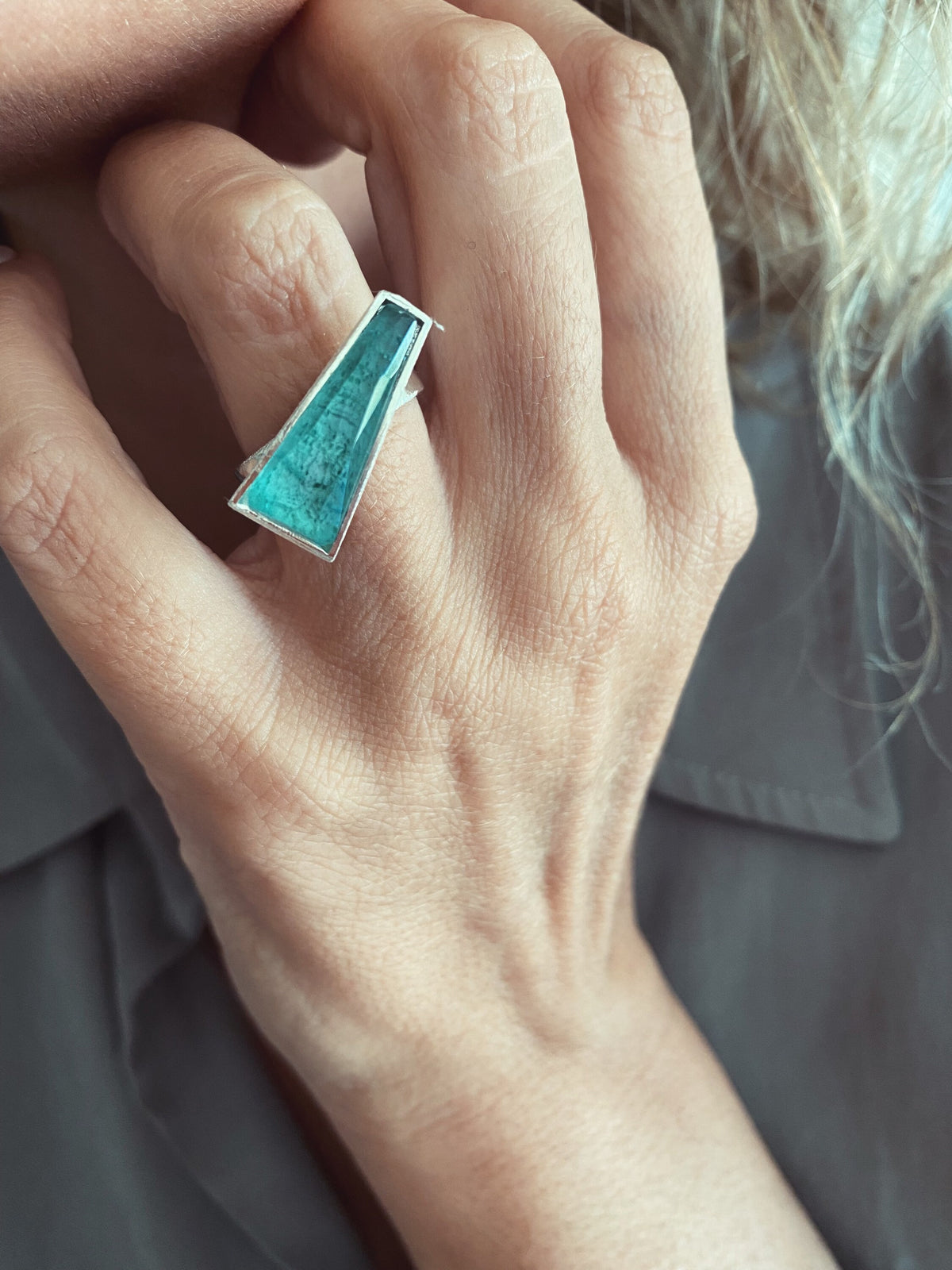Triangle Green gemstone sterling silver 925 ring : aventurine - KathyRossJewelry