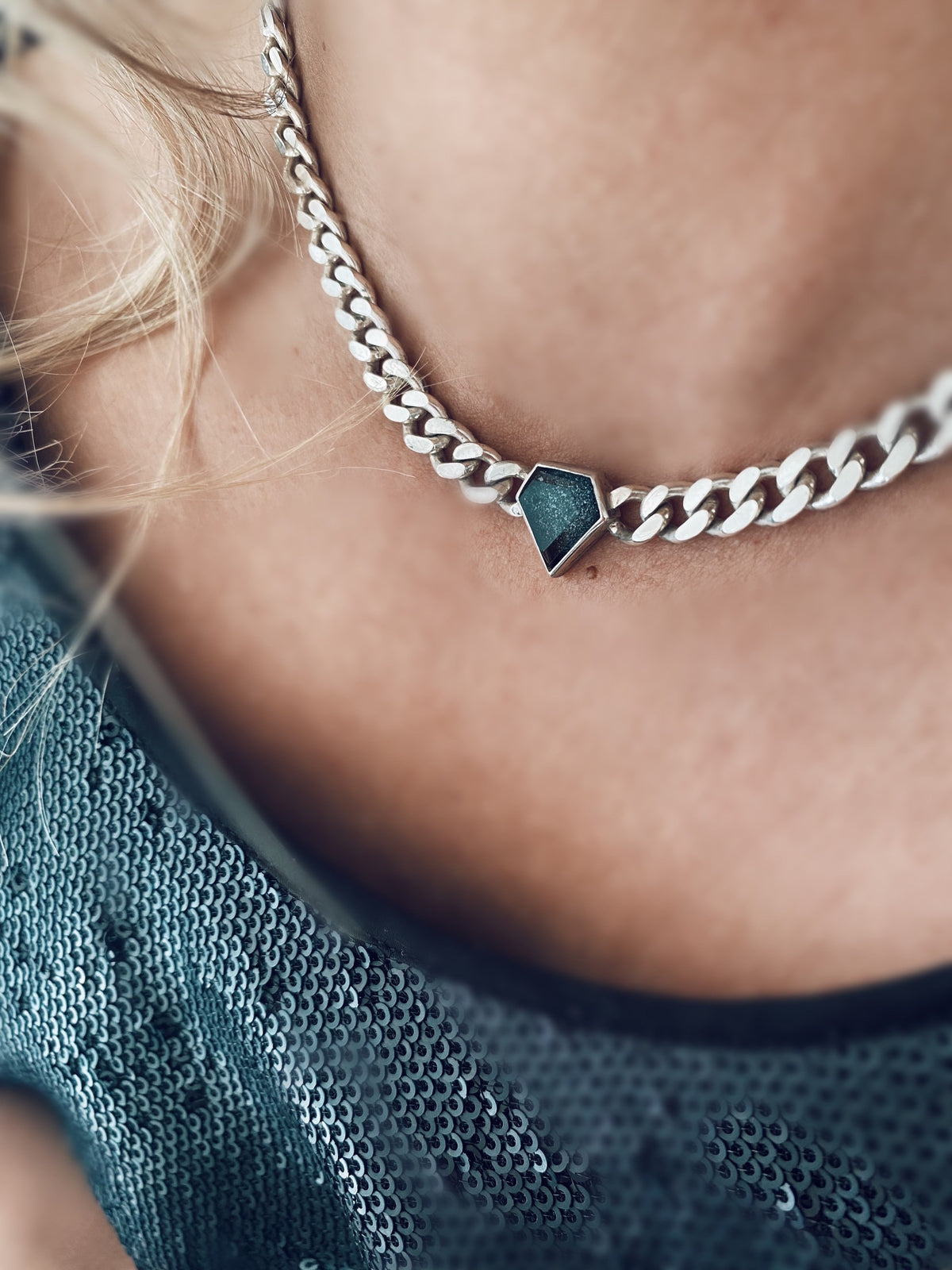 Solid silver Chain necklace diamond shape stone :aquamarine and morganite - KathyRossJewelry