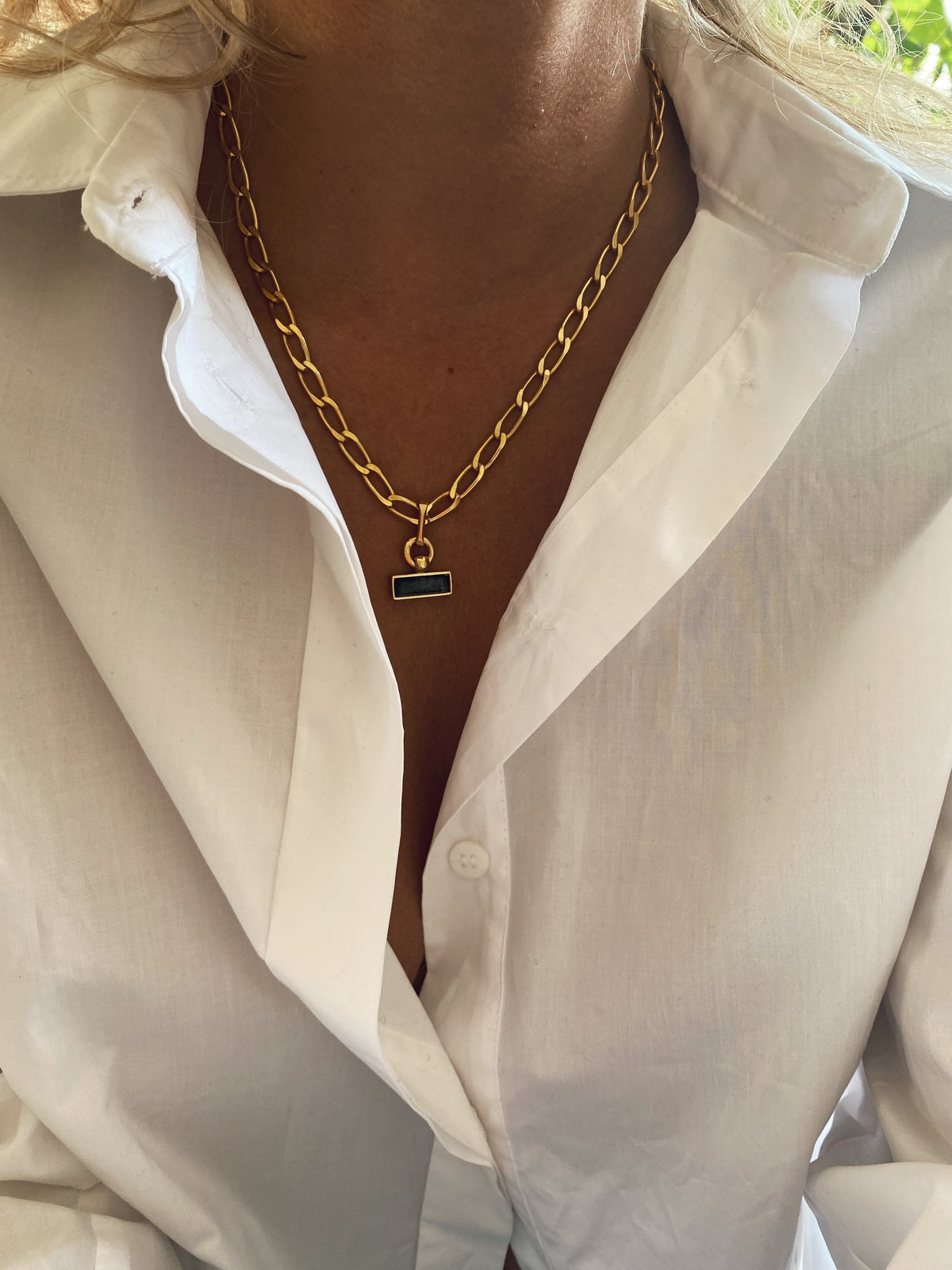 18k gold filled thick chain with rectangular charm necklace: solid sterling silver and aquamarine - KathyRossJewelry