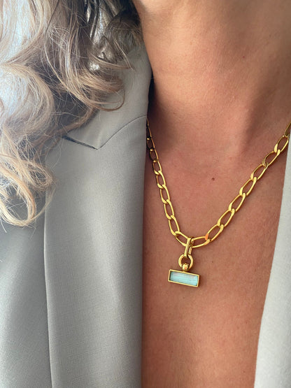 18k gold filled thick chain with rectangular charm necklace: solid sterling silver and aquamarine - KathyRossJewelry
